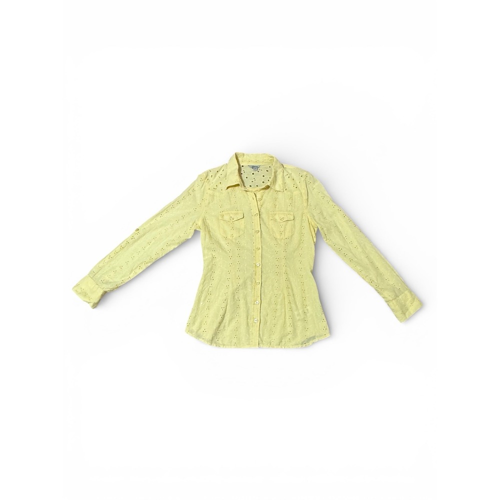 Guess Womens Size-Medium Yellow Eyelet‎ Lace Button Down Shirt Roll Tab Sleeve